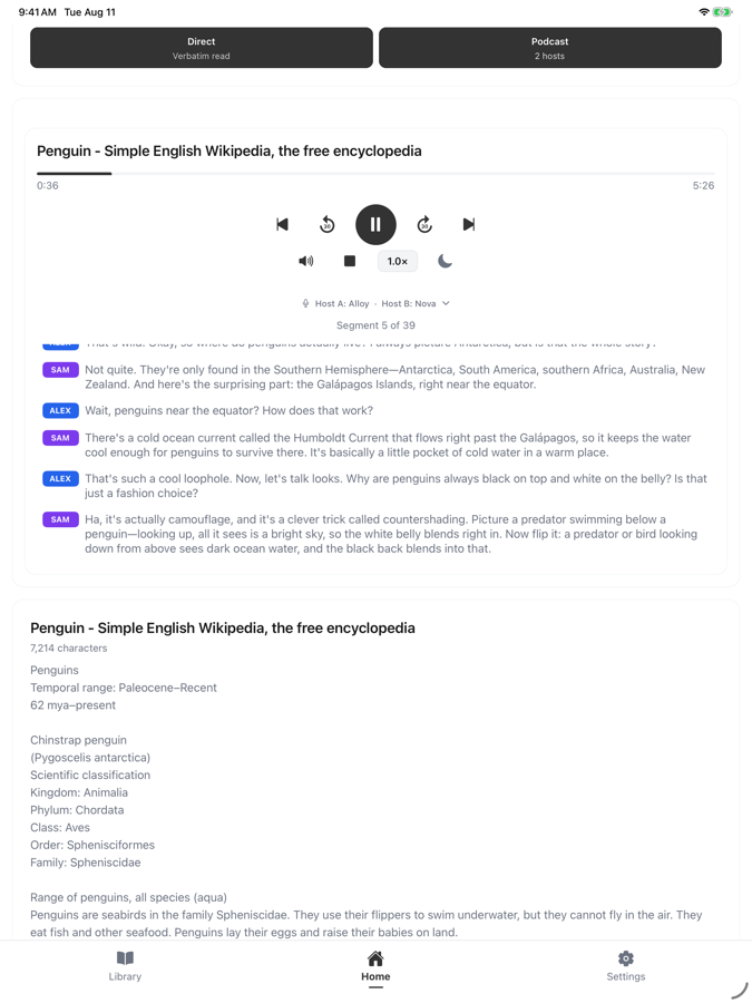 The Narrator running in podcast mode on iPad