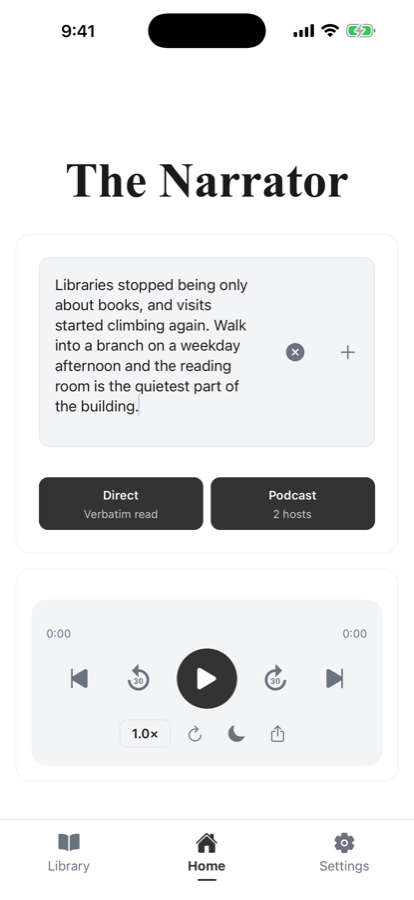 The Narrator home screen with a pasted article link