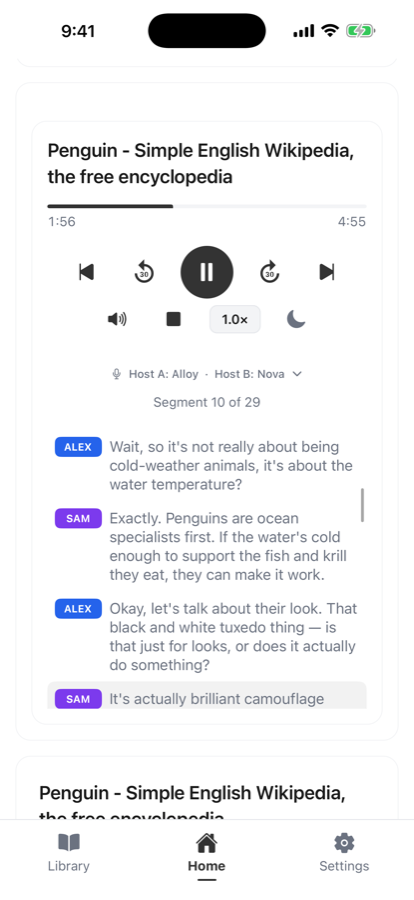 Podcast mode playing with a synced transcript