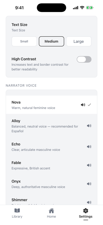 Voice picker showing the six narrator voices